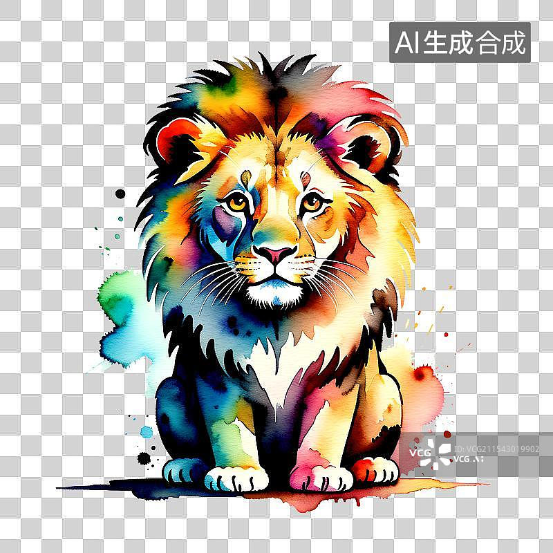 【AI数字艺术】免抠图形 水彩插画坐在地面上的小狮子图片素材