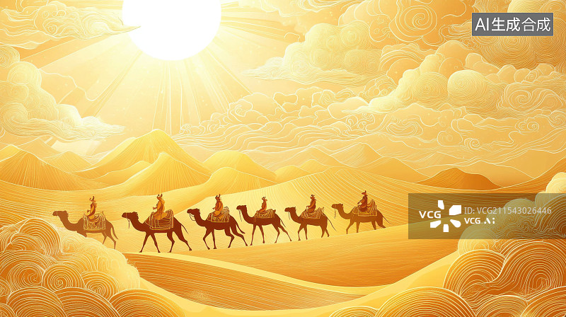 【AI数字艺术】一带一路丝绸之路中国古风骆驼队图片素材