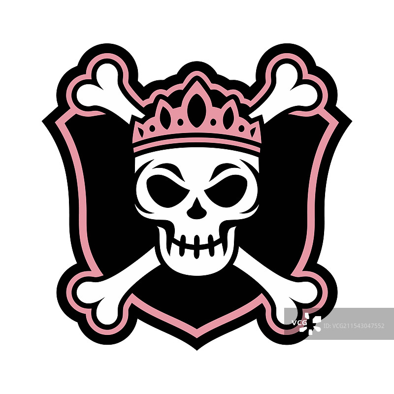 粉色骷髅带皇冠和交叉骨骼的徽章图片素材