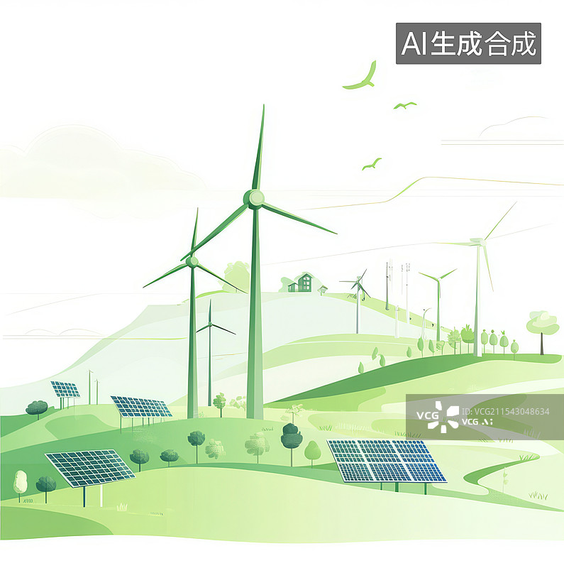 【AI数字艺术】风力发电和太阳能发电插画图片素材