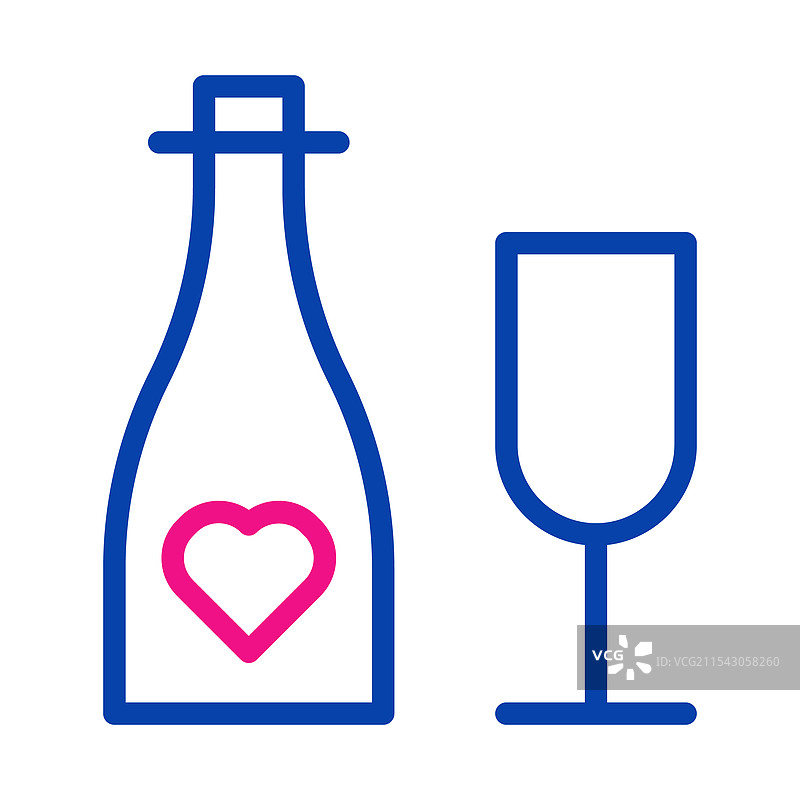 香槟瓶与心形和酒杯的线条图标图片素材