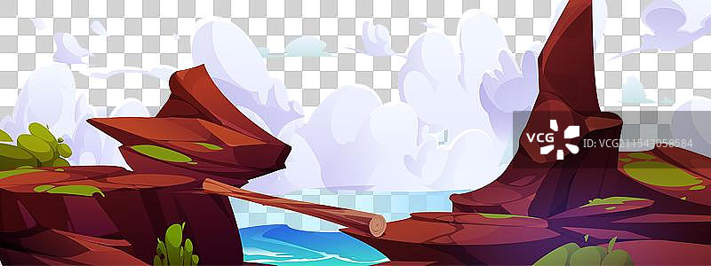 危险的岩石悬崖上有一根木头作为人行桥图片素材