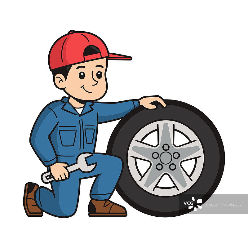 机械师手持扳手正在修理汽车轮胎图片素材