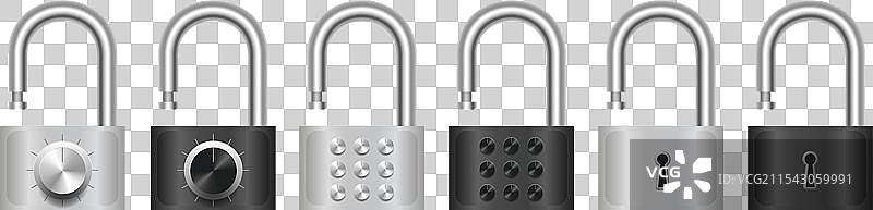一组打开的金属经典密码锁图片素材