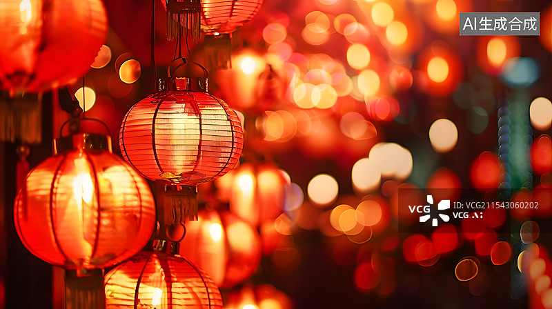【AI数字艺术】春节元宵灯会上的红灯笼特写图片素材