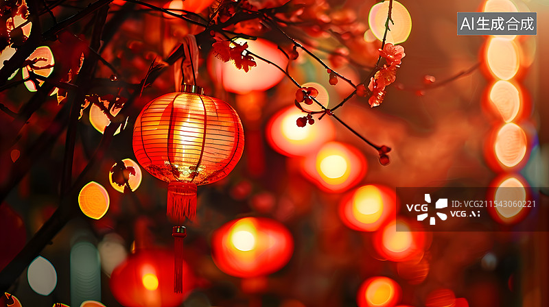 【AI数字艺术】春节元宵灯会上的红灯笼特写图片素材