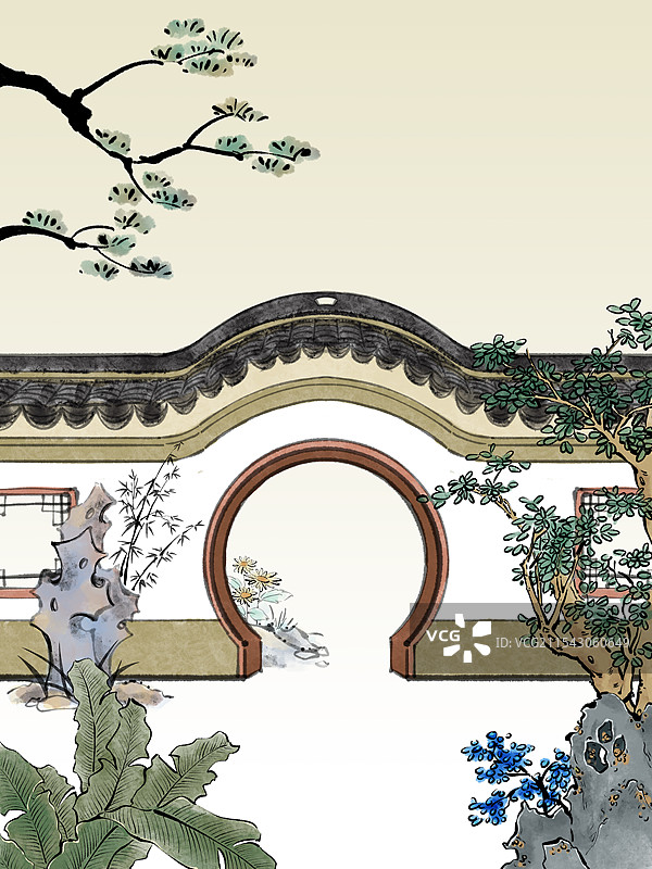 苏州园林楼台亭阁场景插画背景图片素材