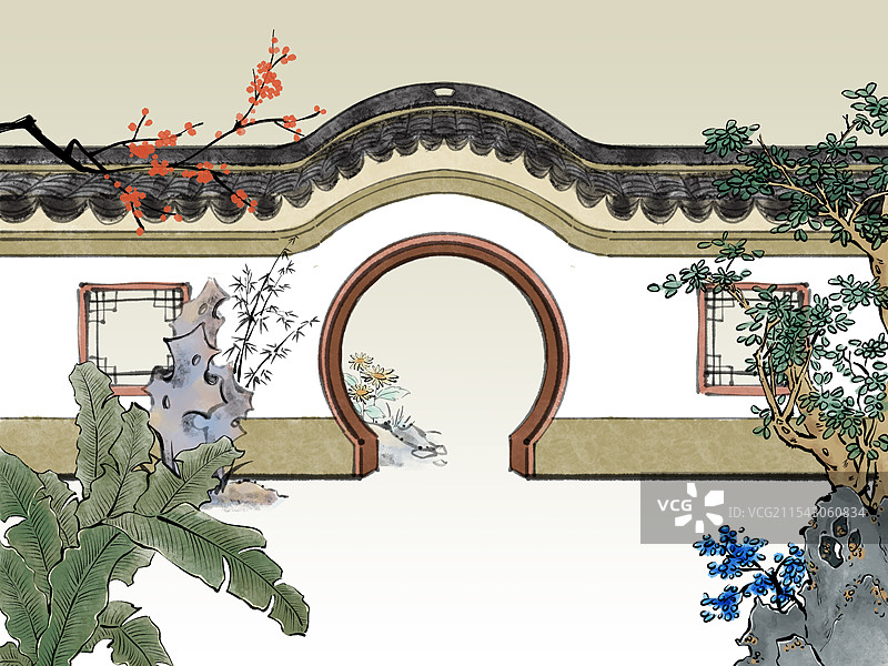 苏州园林楼台亭阁场景插画背景图片素材