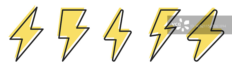 黑色背景上的黄色闪电和雷电图标集图片素材