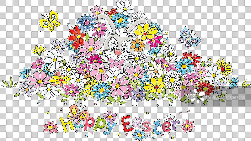 复活节贺卡上有一只小兔子在花丛中。图片素材