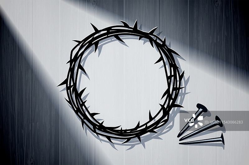 黑色木材上的荆棘冠和钉子图片素材