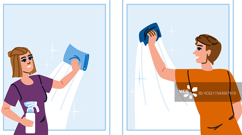 父母用超细纤维布清洁窗户图片素材