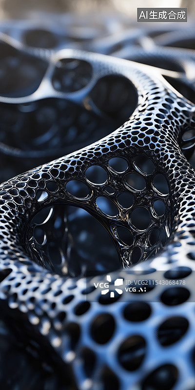 【AI数字艺术】高科技抽象黑色带孔洞的蜂巢状新型材料3D立体插画图片素材