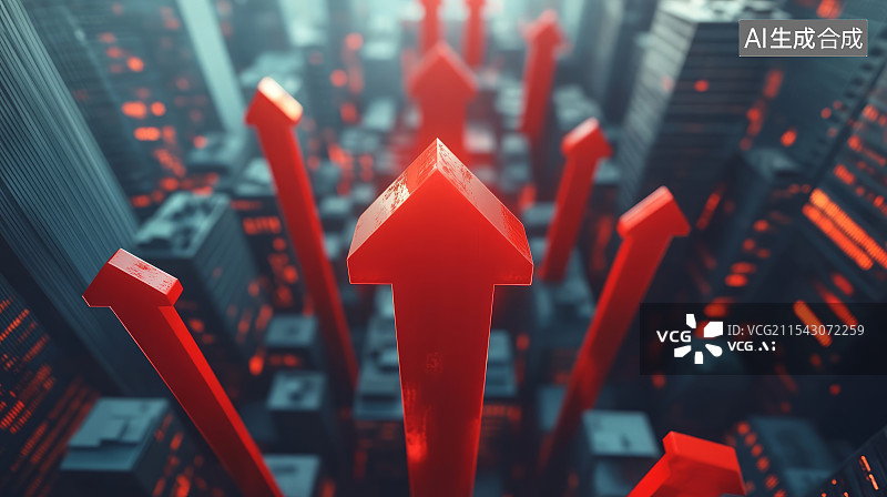 【AI数字艺术】红色向上箭头和城市高楼背景，房价上涨走势概念图片素材