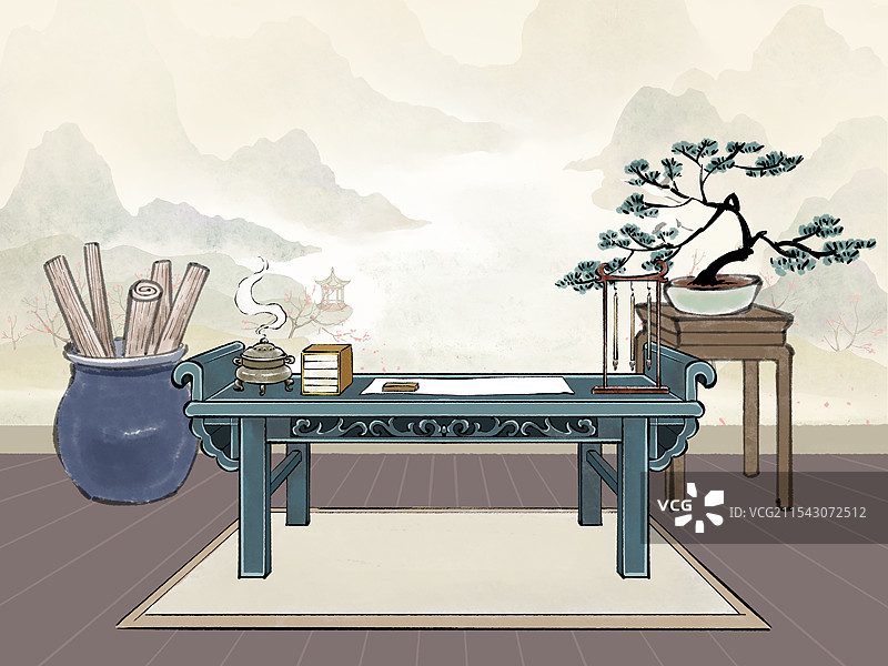 古典新中式风格书房书桌文房四宝场景插画背景图片素材