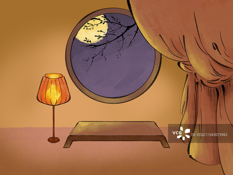夜晚的房间窗外的月亮与树影插画背景图片素材