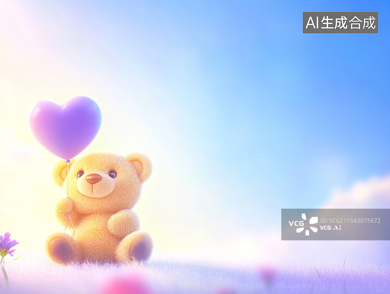 【AI数字艺术】毛绒泰迪熊拿着可爱的爱心气球图片素材