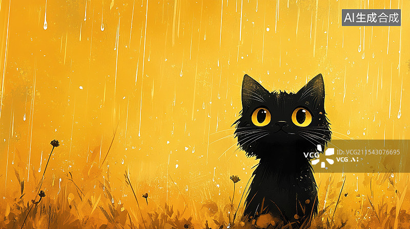 【AI数字艺术】雨中的黑猫图片素材