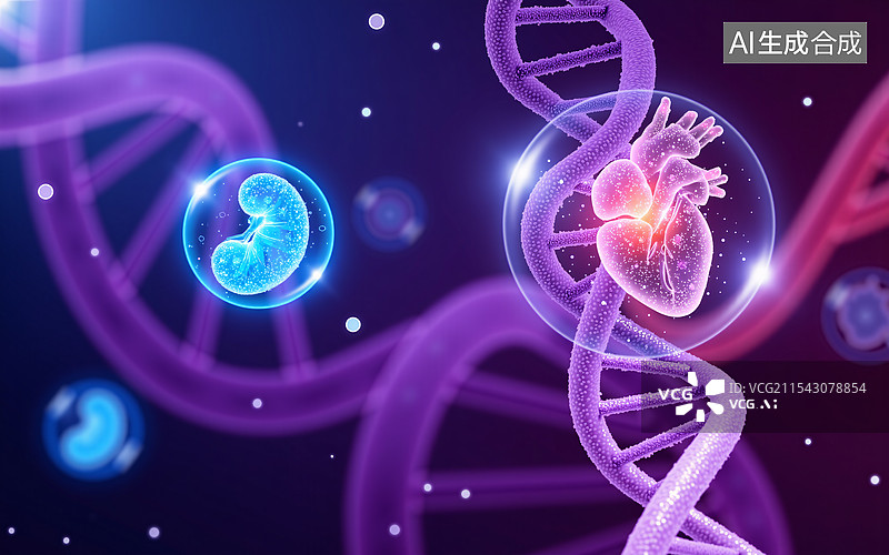 【AI数字艺术】充满技术粒子的DNA双螺旋图形 医疗背景 全息肾脏 心脏  分子生物学  透明的发光球体  蓝紫色图片素材