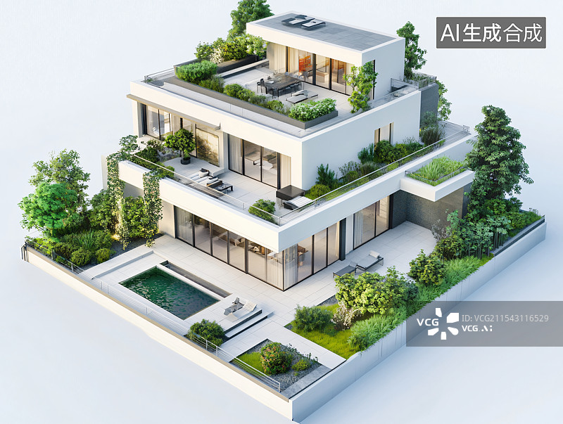 【AI数字艺术】白色背景上的3D微缩别墅模型，展示精美设计细节与室内装修。完美体现建筑理念、户型布局与优雅居住空间。图片素材