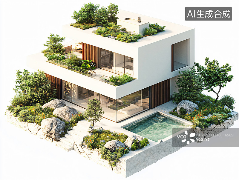 【AI数字艺术】白色背景上的3D微缩别墅模型，展示精美设计细节与室内装修。完美体现建筑理念、户型布局与优雅居住空间。图片素材