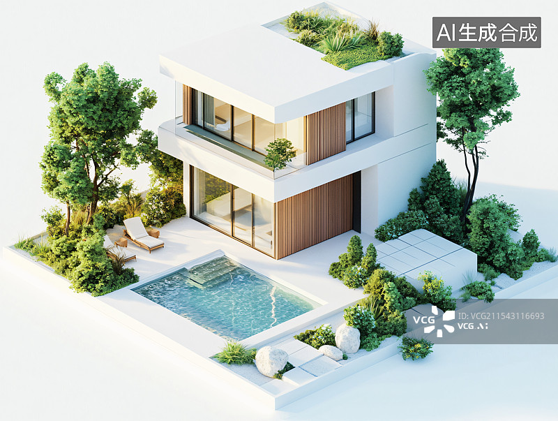 【AI数字艺术】白色背景上的3D微缩别墅模型，展示精美设计细节与室内装修。完美体现建筑理念、户型布局与优雅居住空间。图片素材