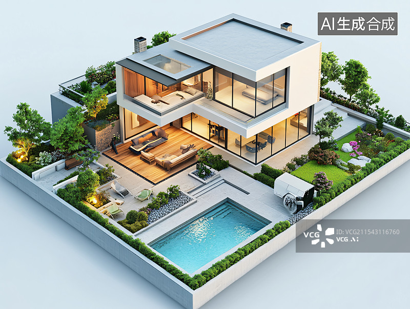 【AI数字艺术】白色背景上的3D微缩别墅模型，展示精美设计细节与室内装修。完美体现建筑理念、户型布局与优雅居住空间。图片素材