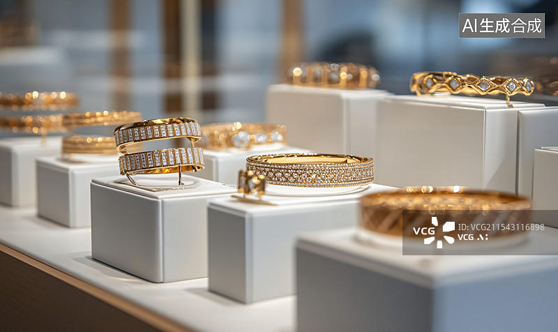 【AI数字艺术】金店展示的优雅金手镯和饰品，展现高质量工艺和奢华设计。各种金饰，适合特别场合，精致细节与永恒之美。图片素材