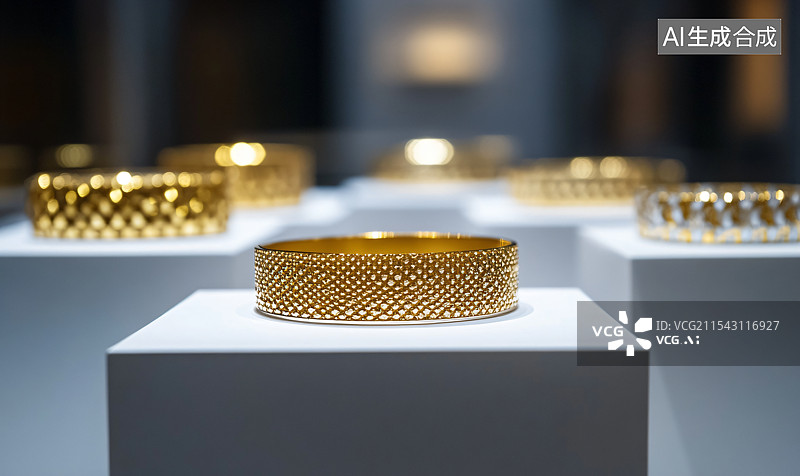 【AI数字艺术】金店展示的优雅金手镯和饰品，展现高质量工艺和奢华设计。各种金饰，适合特别场合，精致细节与永恒之美。图片素材