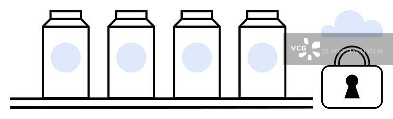 带锁的货架上排放着牛奶 carton 和云彩图片素材