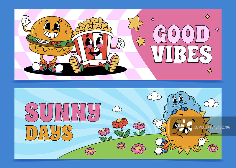 有趣角色和积极氛围的卡通横幅图片素材