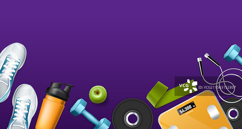 紫色背景上的健身器材和配件图片素材