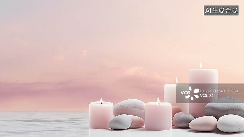 【AI数字艺术】禅宗蜡烛鹅卵石SPA美容广告渐变粉色背景图片素材