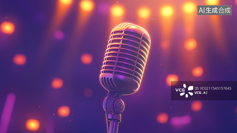 【AI数字艺术】舞台上的麦克风话筒特写插画图片素材