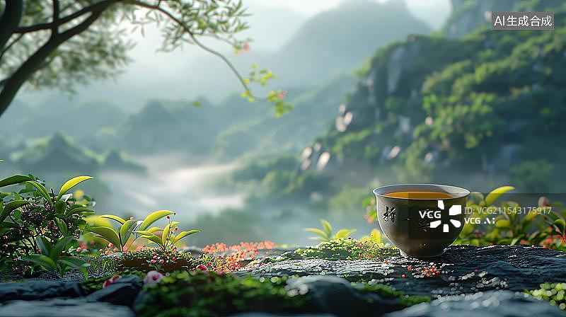【AI数字艺术】高山茶园与桌上的茶具，茶文化茶艺茶道概念背景插图图片素材