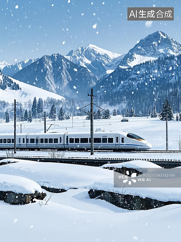 【AI数字艺术】踏上过年回家的高速列车，经过雪山下雪美丽的风景图片素材