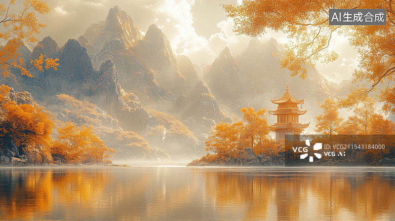 【AI数字艺术】中国国画湖面亭台楼阁图片素材
