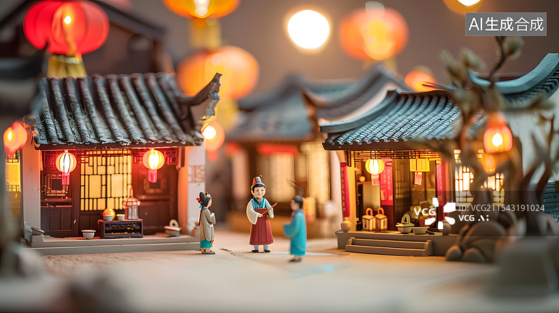 【AI数字艺术】微缩移轴摄影中国古风春节古镇场景图片素材