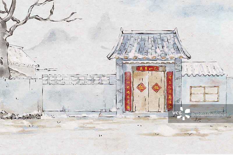 手绘水墨风老房子过年场景图片素材