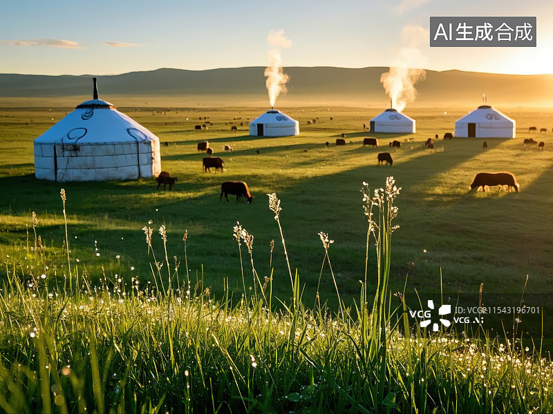 【AI数字艺术】晨曦中的蒙古包，草原日出牧场图片素材