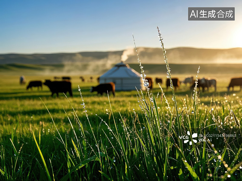 【AI数字艺术】晨曦中的蒙古包，草原日出牧场图片素材