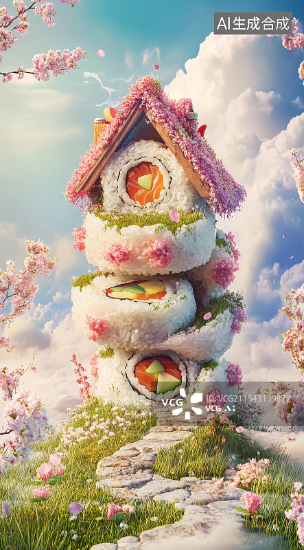 【AI数字艺术】寿司做成的高大房屋图片素材