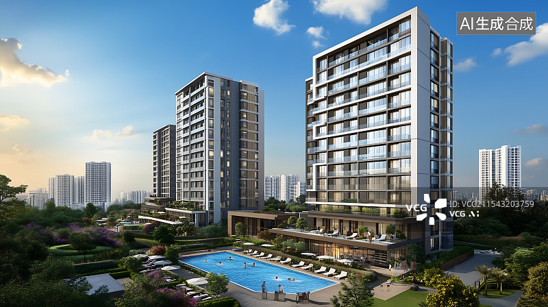 【AI数字艺术】城市中现代摩天大楼，提供时尚的公寓单元，展示当代建筑风格，是市中心优质房地产的理想选择。图片素材