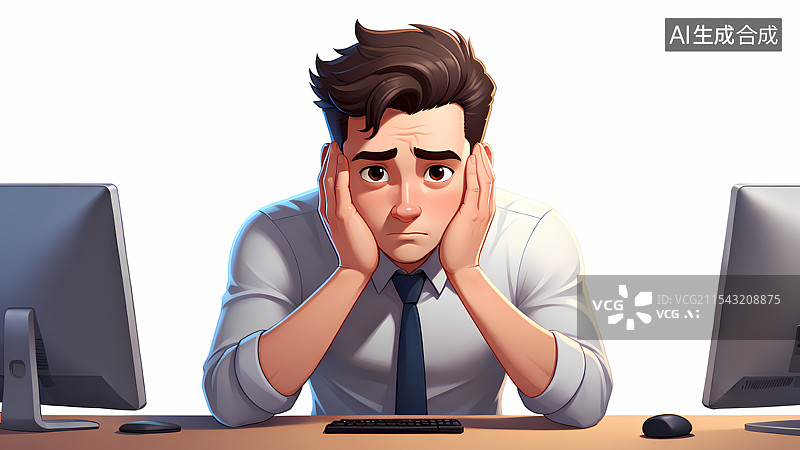 【AI数字艺术】办公室里郁闷沮丧的男白领插画壁纸图片素材