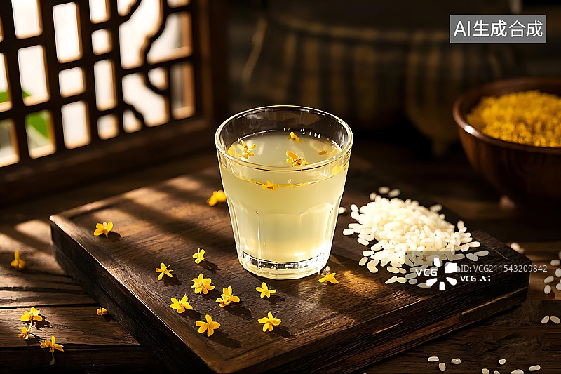 【AI数字艺术】米酒，带有桂花香气，商业拍摄效果，广告背景图片素材