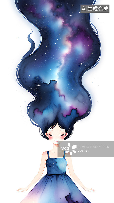 【AI数字艺术】唯美水彩插画 唯美女孩长发飘飘图片素材