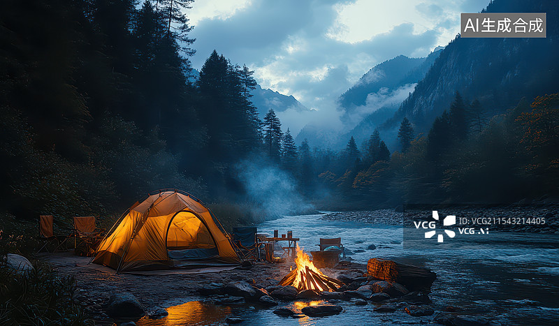 【AI数字艺术】野外山间草地帐篷露天露营图片素材