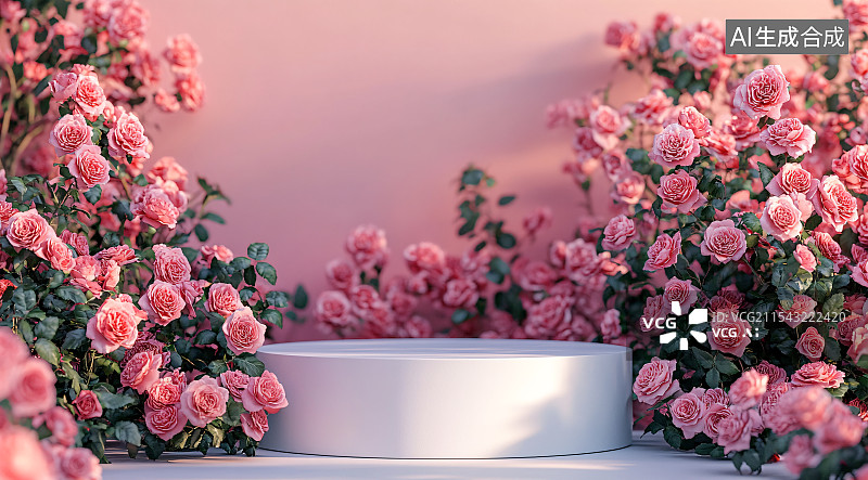 【AI数字艺术】浪漫粉色玫瑰花情人节产品展示台图片素材