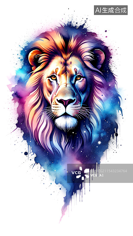 【AI数字艺术】白色背景下的 水彩插画正面狮子头图片素材