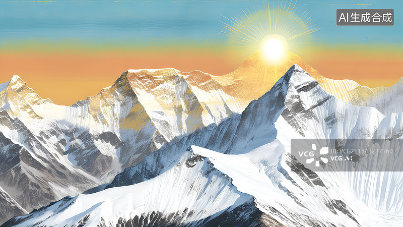 【AI数字艺术】风景主题插画 日落时白雪皑皑的群山全景图片素材